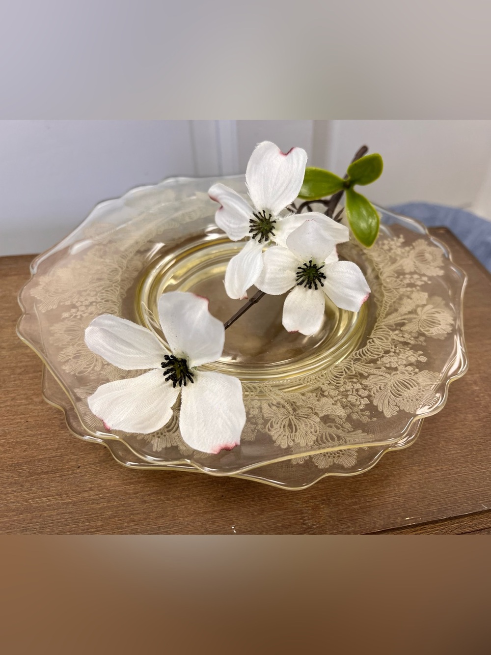 Vintage Yellow Glass Plate with Floral Etching